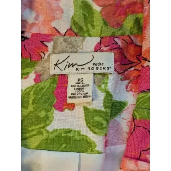 Kim Rogers Bright Floral 100% Linen Blazer Jacket 3/4 Sleeve Size Petite Small - Picture 7 of 9